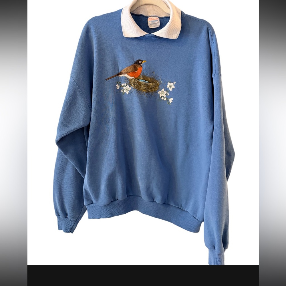 Embroidered Robin cabin core cottage core sweater polo size xxl